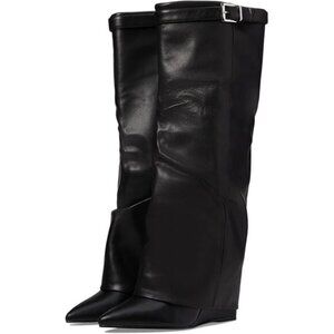 Steve Madden Women Corenne Cuffed Wedge Tall Black Leather Dress Boot NWOB sz 6